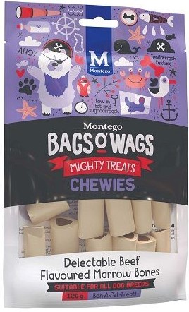 Delectable Beef Flavoured Marrow Bones. Highly nutritious, wagtastically delicious, Bags O' Wags are the treats dogs love to get and they're full of yummy goodness. The Bags O' Wags range of treats make on excellent reward for good behaviour. a tempting incentive when training or a between meal-snack that hits the spot. Ideal for daily use, Bags O' Wags treats make the perfect complement to every Montego Pet Nutrition dry or wet food diet. Bags O' Wags treats are made to the same high standards as all Montego Pet Nutrition products, using only the finest ingredients, prepared to perfection in our world-class facility. Disclaimer: Treat only, not a complete and balanced diet.