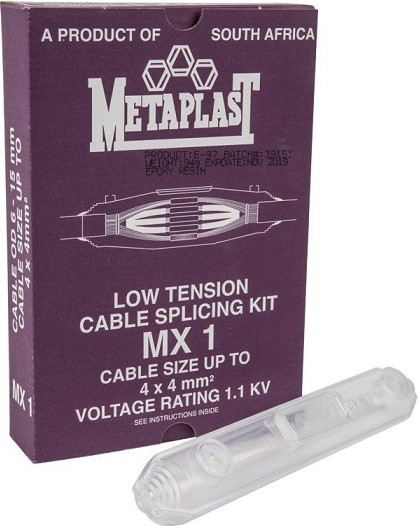 Resin-based low-tension cable splicing kit. Used with cable size 4 X 4mm. Voltage rating 1,1kv.