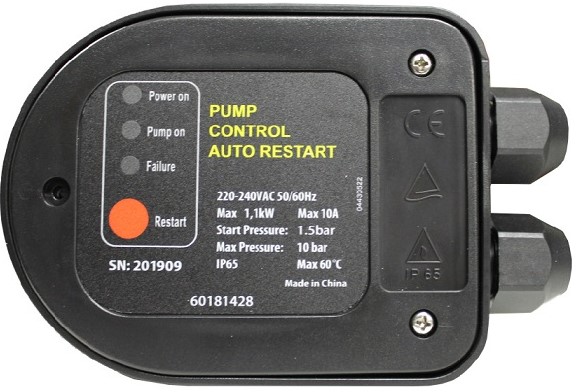 Automatic stop start controller for pumps up to 1,1kW with dry run protection. Equipped with cables and SA Plug