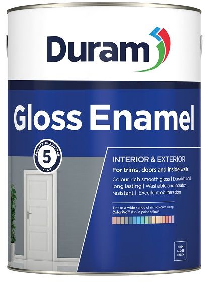 Durable enamel paint, for trims, doors, windows and inside walls, interior and exterior, attractive and long lasting, washable and scratch resistant, smooth high gloss finish. The product has a 5-year quality guarantee, and the tint gloss enamel white to a wide range of colours using ColourPro stir in paint colour.