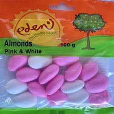 Almonds coated with a sweet layer (Flavourants, colourants, thickener).