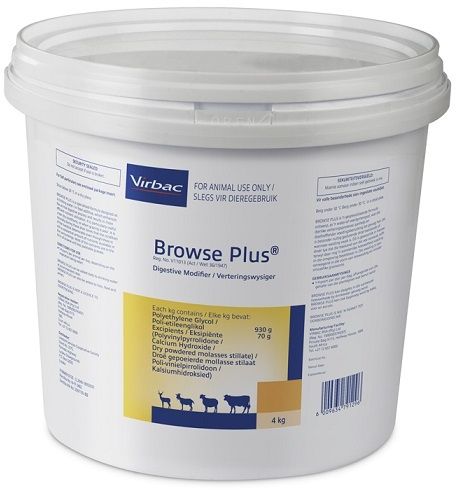 Browse Plus is a specialised formula designed as a drinking water or in feed / lick additive which enhances the animal's digestive process and results in more nutrient utilisation. COMPOSITION: Polyethylene glycol 930g/kg, excipients 70g/kg (polyvinylpyrrolidone/calcium hydroxide/dry powdered molasses stillate). COMPOSITION: Polyethylene glycol 930g/kg, excipients 70g/kg (polyvinylpyrrolidone/calcium hydroxide/dry powdered molasses stillate). DIRECTIONS FOR USE : 4g per animal per day for livestock and game. Digestive modifier during unfavourable feeding times. Tannin inhibitor.