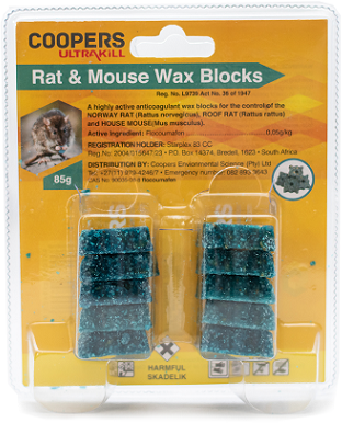 Highly active anticoagulant wax blocks for the control of the Norway rat, roof, rat and house mouse.