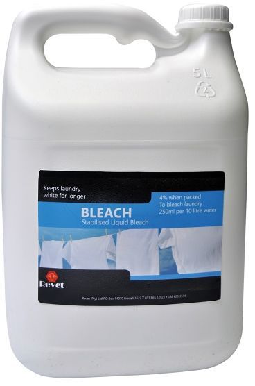 Revet Bleach is a stabilised liquid bleach. To bleach laundry use 250ml per 10 litre water. 4% when packed.