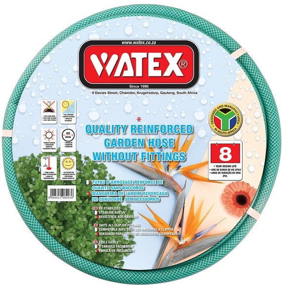 Watex 20mm X 20m garden hose. Manufactured in South Africa. PVC. 8 Year warranty. UV stabilised.
