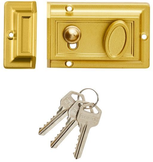 Night latch zinc die cast gold epoxy coated includes rim cylinder & 2 keys.