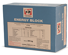 VOERMOL ENERGY BLOCK (V11456). Class: Energy, Protein & Mineral Supplement for Ruminants. VOERMOL ENERGY BLOCK is a feed block with a high energy content in order to increase production. Contains protein of a good quality, only 57% of the protein derived from NPN sources. Easy to handle which reduces labour costs & wastage. Contains the complete range of minerals & trace elements in the correct amounts. Part of the trace minerals are supplied in organic form which is highly absorbable & promotes optimal reproduction & growth. Contains high levels of Vitamin D3 & E. Vitamin E in combination with selenium is a powerful anti-oxidant which strengthens the animal's immunity. Vitamin D3 helps with the absorption of phosphorous & calcium. Contains medicaments which promote energy usage from grazing. Medicaments also reduce ketosis, the risk of pregnancy toxaemia & coccidiosis. Recommended as a supplement for producing animals.