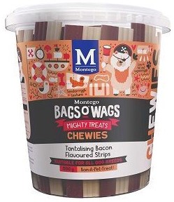 Tantalising Bacon Flavoured Strips. Highly nutritious, wagtastically delicious, Bags O' Wags are the treats dogs love to get and they're full of yummy goodness. The Bags O' Wags range of treats make on excellent reward for good behaviour. a tempting incentive when training or a between meal-snack that hits the spot. Ideal for daily use, Bags O' Wags treats make the perfect complement to every Montego Pet Nutrition dry or wet food diet. Bags O' Wags treats are made to the same high standards as all Montego Pet Nutrition products, using only the finest ingredients, prepared to perfection in our world-class facility. Disclaimer: Treat only, not a complete and balanced diet.