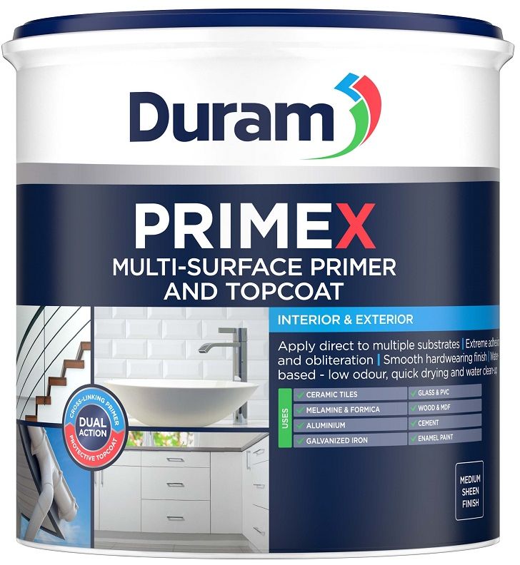 Primer and topcoat for direct application onto difficult substrates such as ceramic tiles, Melamine, Masonite, Formica, aluminium, galvanized iron, glass, PVC, wood, mdf, cement and enamel paint. Dual Action - cross-linking primer and protective topcoat in one. Hardwearing  scratch, stain, UV- and weather-resistant. Excellent flow and levelling for a smooth, medium sheen finish.