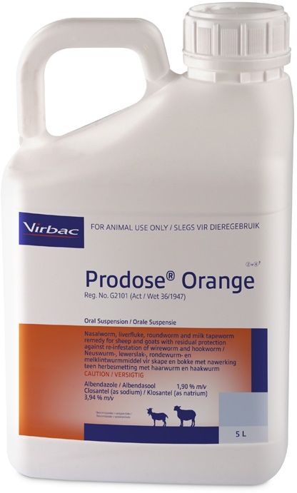 Nasal bot, liver fluke, roundworm and milk tapeworm remedy for sheep and goats with residual protection against re-infestation of wireworm and hookworm. COMPOSITION : Albendazole 1,90% m/v, Closantel (as sodium) 3,94% m/v. COMPOSITION : Albendazole 1,90% m/v, Closantel (as sodium) 3,94% m/v. Dosage: Roundworm, liver fluke and Milk tapeworm : 2ml per10 kg. 5 Weeks residual against wireworm and 2 weeks residual against hookworm. Ovicidal: Roundworm eggs present in the animal at the time of dosing are prevented from hatching.