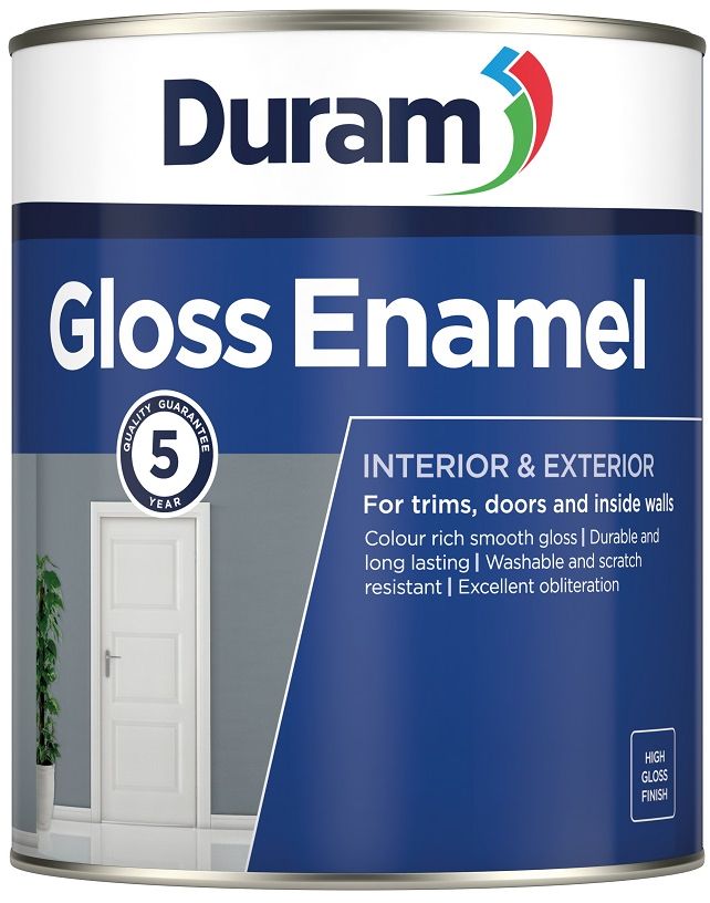 An attractive, colour rich and long lasting gloss enamel for trims, doors, windows and inside walls, with a 5 year quality guarantee. Abrasion, scratch, stain and steam resistant. Colour rich smooth gloss with a flawless, self levelling finish. Gloss Enamel White 5L can be tinted with Duram ColorPro stir-in paint colour.