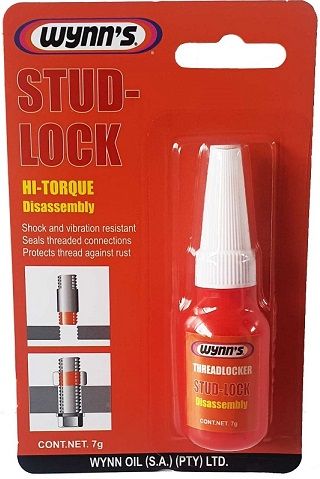 Wynn's Stud Lock is solvent free products that cures in the absence of air and in the presence of metal ions. Applications includes studs, nuts, screws and any threaded fasteners. The adhesive prevents loosening caused by vibration, mechanical and thermal shock. Resistant to petrol, diesel, transmission fluid, anti freeze, and other chemicals. Also inhibits fretting corrosion and prevents seizure and galling. Stud Lock high bond strength for more permanent locking and requires 36Nm torque to loosen.