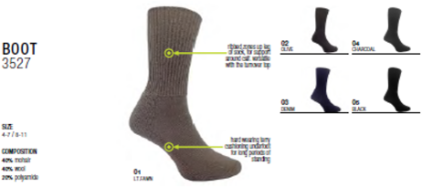 Ribbed zones up leg of sock, for support around calf, versatile with the turn over top. Hard wearing terry cushioning underfoot for long periods of standing.