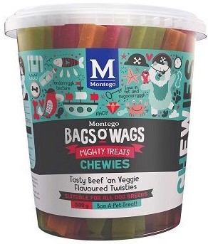 Tasty Beef an' Veggie Flavoured Twisties. Highly nutritious, wagtastically delicious, Bags O' Wags are the treats dogs love to get and they're full of yummy goodness. The Bags O' Wags range of treats make on excellent reward for good behaviour. a tempting incentive when training or a between meal-snack that hits the spot. Ideal for daily use, Bags O' Wags treats make the perfect complement to every Montego Pet Nutrition dry or wet food diet. Bags O' Wags treats are made to the same high standards as all Montego Pet Nutrition products, using only the finest ingredients, prepared to perfection in our world-class facility. Disclaimer: Treat only, not a complete and balanced diet.