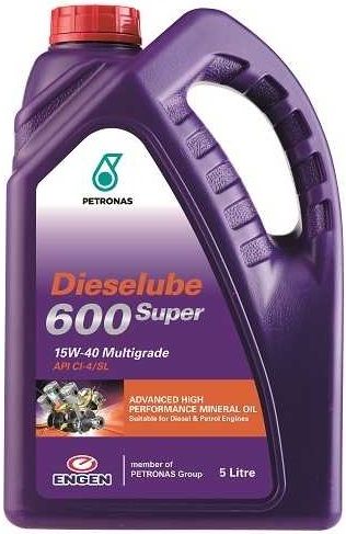 Engen Dieselube 600 Super is an advanced high-performance SAE 15W-40 diesel multigrade oil (HPDO) designed to the unique requirement of the Southern African market. This Diesel Engine population consists of advanced as well as older American, European, and Japanese equipment burning high or low sulphur diesel (depending on the area of operation).