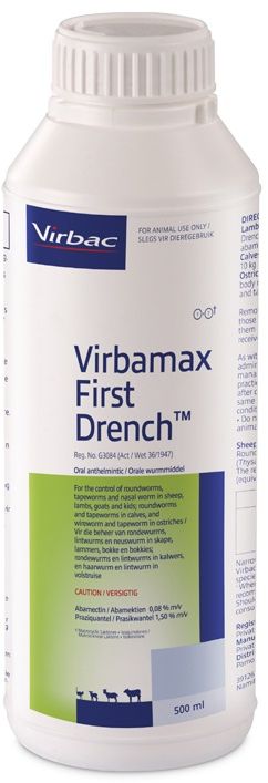 Oral anthelmintic for the control of round- worms, tapeworms and nasal bot in sheep, lambs, goats and kids. Wireworm and tapeworm in ostriches. Roundworms and tapeworms in calves. COMPOSITION: Abamectin 0,08% m/v, praziquantel 1,50% m/v. COMPOSITION: Abamectin 0,08% m/v, praziquantel 1,50% m/v. Roundworm, nasal worm and tapeworm remedy for sheep, goats, cattle and ostriches Controls Australian itch mite 25ml per 10kg body mass. Effective against all 4 types of tapeworms, milk, serrated, narrow and liver tapeworm. Ovicidal: Roundworm eggs present in the animal at the time of dosing are prevented from hatching.