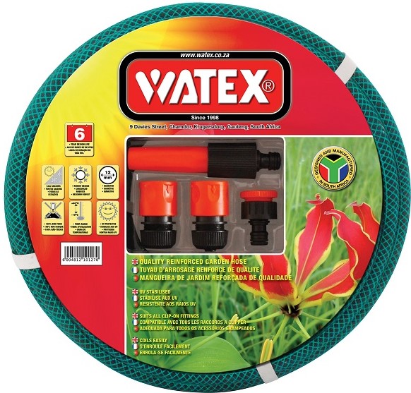 Watex 20mm X 30m garden hose with fittings. Manufactured in South Africa. PVC. 6 Year warranty. UV stabilised.