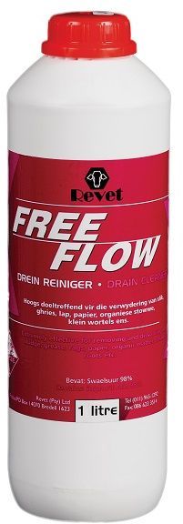 Free Flow drain cleaner is extremely effective in removing and dissolving all sludge, grease, rags, paper, organic matter and small roots from drains.