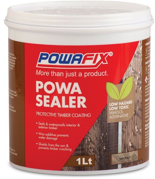 Powafix Powa sealer is a unique water based, non hazardous alternative to Waksol. This easy to use product is a clear, medium brown coating that will seal timber and provide long term resistance to the damaging effects of water and UV rays.