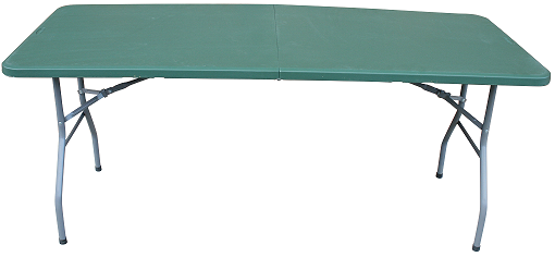 Table folds in half and is ideal for camping. Primary material: High density polyethylene; (HDPE) table deck & powder coated steel frame.