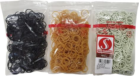 Solo elastics are larger and stronger than the norm. If you have ever plaited a mane, this is the brand you want to use. 500 reusable elastics in a zip lock bag.