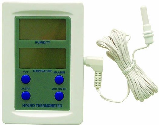 This is a digital thermometer which shows the actual temperature and humidity. It also shows the minimum and maximum temperatures over a time period and comes standard with a 3m sensor cable.