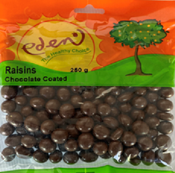 Seedless raisins, coated in chocolate.