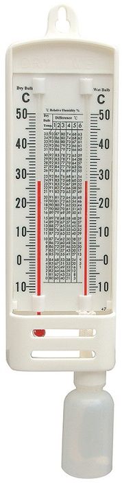 This thermometer is a water-based instrument that measures relative humidity in rooms or other large areas.
