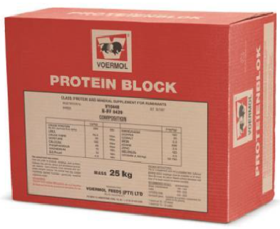 VOERMOL PROTEIN BLOCK (V10448). Class: Protein & Mineral Supplement for Ruminants. VOERMOL PROTEIN BLOCK supplies protein, minerals & Vitamin A & is specially developed for cattle & sheep which are on protein deficient pasture or are being fed roughage. Easy to handle & ready to use. Molasses based which increases palatability & ensures a good intake. Stimulates the rumen micro-organisms & thus increases the intake of dry matter. Contains, apart from urea, quality natural protein. Suitable for ruminant game.