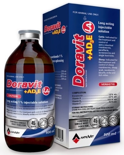 Doravit +AD3E LA is a injectable with Vitamins A, D3 and E for use in cattle and sheep.