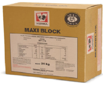 VOERMOL MAXI BLOCK (V17424). Class: Protein, Mineral & Energy Supplement for Ruminants. VOERMOL MAXI BLOCK is a high quality lick block with a high bypass protein, energy & mineral content which improves production & reproduction on pastures, especially dry pastures. Easy to handle & convenient to use. It is ideal for situations where problems are experienced with mixing licks due to insufficient labour and/or lick troughs. Ideal for situations where grain is unavailable or too expensive to use. Limits wastage & wind losses because it is in block form. Molasses based which improves palatability & ensures better intake. Contains adequate intake inhibitors to regulate intake. Provides a high level of natural protein (only 31.6% is derived from urea), energy & minerals which improves production & reproduction. Production lick for late pregnant or lactating sheep, Angora & Boer goat ewes; flush feeding of ewes, growing out young replacement ewes.