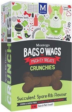 Succulent Spare-Rib Flavour. Highly nutritious, wagtastically delicious, Bags O' Wags are the treats dogs love to get and they're full of om-nom-nice-to-munch-­and-crunch goodness! Benefits: Handcrafted Flavour- Handcrafted in small batches using the finest ingredients they taste as heavenly as they smell (to your dog!) Easy to Digest- A single source of protein means easier digestion for a happy tum (and crunchy fun) A Perfect Treat- Crunchy and easy to snap, these tasty treats are ideal as a delicious reward when training (or whenever!) Fresher Breath for Kisses- The teeth cleaning agent and rosemary extract clean teeth and freshens breath (For everyone's sake). Bags O' Wags treats are made to the same high standards as all Montego Pet Nutrition products, using only the finest ingredients, prepared to perfection in our world-class facility. Disclaimer: Treat only, not a complete and balanced diet.