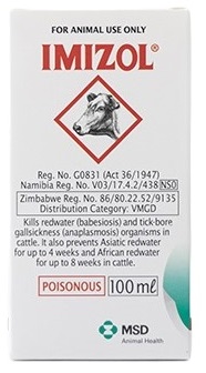 Imizol kills redwater (Babesiosis) and tick?borne gall sickness (Anaplasmosis) organisms in cattle. It also prevents Asiatic redwater for up to 4 weeks and African redwater for up to 8 weeks in cattle.