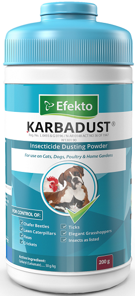 Insecticide dusting powder for home garden and animal use. A residual contact and stomach poison for the control of pests as listed.