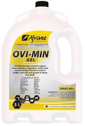 Vitamin and mineral supplements for sheep and goats. Provides essential organic trace minerals, magnesium, amino acid and fat-soluble vitamins. Assists with fertility, immunity and growth in sheep and goats. OVI-MIN GEL can be added to drinking water or can be orally dosed.