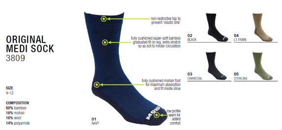 Non-restrictive top to prevent 'elastic blue'. Fully cushioned super soft bamboo graduated fit on leg, extra stretch so as not to hinder circulation. Fully cushioned mohair foot for maximum absorption and fit inside shoe. Low profile seam for added comfort.
