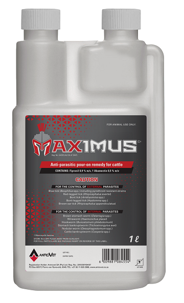 Maximus is a ready-to-use pour-on antiparasitic for cattle.