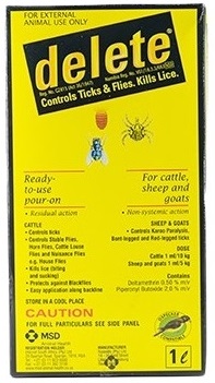 Ready to use pour-on for the control of ticks, flies and lice for cattle. Controls Karoo Paralysis, bont and red legged ticks in sheep and goats.