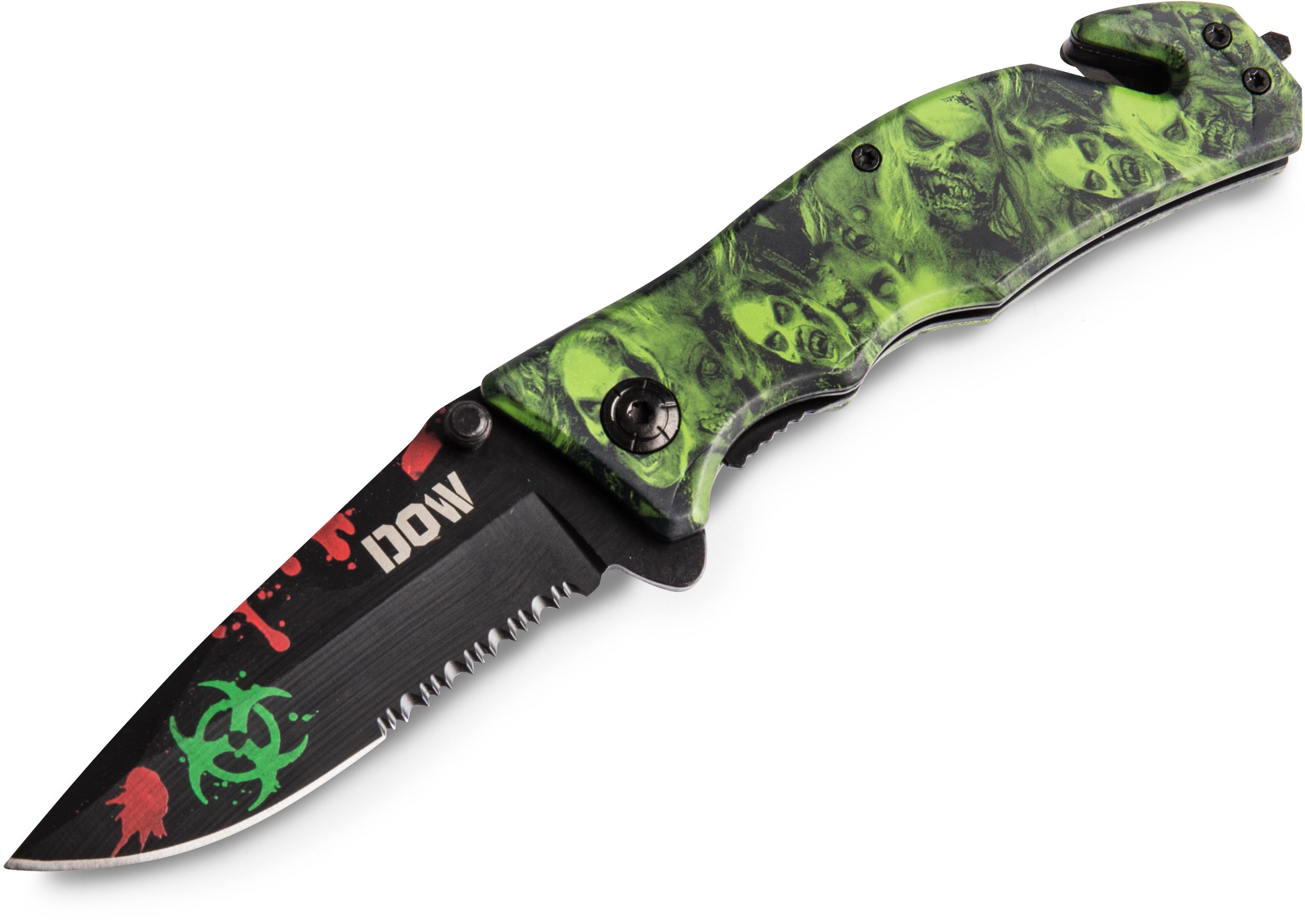 A great folder, Fashionable, popular with collectors. Black Blade with red and green sculls. Green Scull Handle.