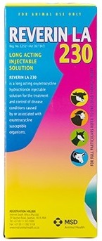 Reverin LA 230 is indicated for the treatment and control of conditions caused by, or associated with, oxytetracycline-susceptible organisms. Its long action is recommended for veterinary, practical or economic reasons if it is not possible or desirable to handle and treat the animal more frequently.