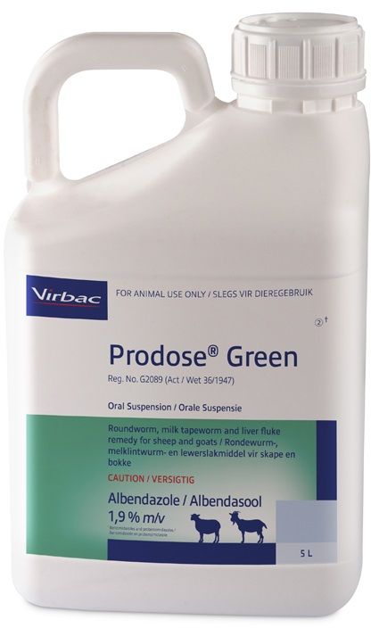Roundworm, milk tapeworm and liver fluke. COMPOSITION: Albendazole 1,94% m/v. COMPOSITION: Albendazole 1,94% m/v. Dosage: Roundworm and milk tapeworm : 2ml per 10kg body mass, Liver fluke: 2,5ml per 10kg body mass. Roundworm and tapeworms: Milk tapeworm (Moniezia spp): Class 1. Ovicidal: Roundworm eggs present in the animal at the time of dosing are prevented from hatching.