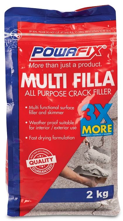 Powafix Multi Filla all purpose crack filler is a tough filler formulated with a unique blend of cement and binders to provide a weather resistant, quick setting and flexible surface for both interior and exterior applications. Multi filla all purpose crack filler dries white.