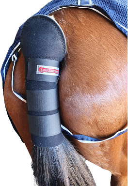 Padded neoprene tail guard that offers full protection and comfort for your horse whilst travelling. Quick and easy to use, with 3 velcro straps. The cushioned top pad section faces the outside of the tail to protect the sensitive top of the tail from rubbing on the horse box, and the non-slip rubberised inner keeps it in place. The velcro fastens on the outside of the tail. Easy to clean. Adjustable - one size fits all. Can also be used on mares when breeding.