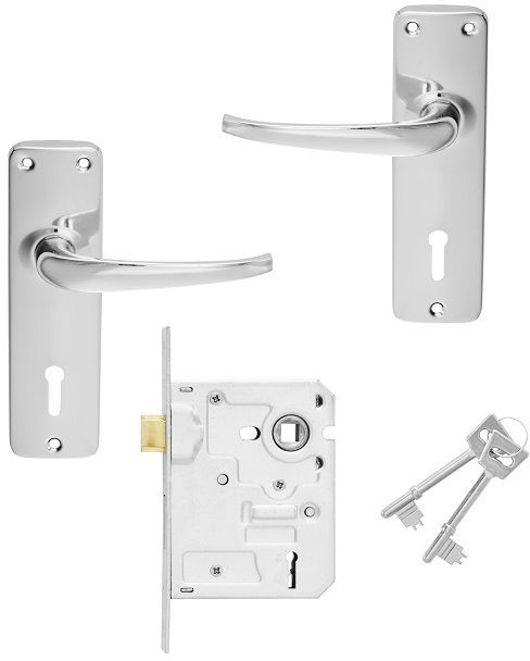 Lockset 3 lever premium complete with heavy duty handles chrome steel chrome plated SABS approved twist & pull reversible latch 10 year guarantee & fits local Keys.