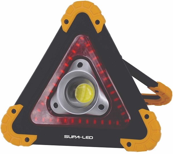 Supaled 500L adjustable triangle work light 4x aa blister. Intelligent design creates a lamp with two equally important capabilities, powerful directional lamp, vehicle hazard warning lamp, store it in your vehicle for road-side-safety, if you have your ride you also always have a work light. self standing and adjustable. 4 modes: 500lm where area/flood light - runtime 2,5 hrs. 200lm white are/flood light - runtime 5,5 hrs. 500lm strobe light - runtime 3,5 hrs. 36lm red SMD strobe hazard warning light - runtime 7hrs.