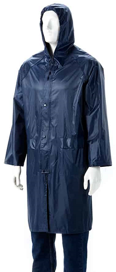 Knee-length raincoat. Ventilated back with mesh lining & aeration holes under the armpit allowing the garment to 'breathe'. Fixed hood with drawstring. Two pockets with storm flap. Heavy-duty full non-metal zip front with outer storm flap. Large plastic press studs for ease of use when wearing gloves with an outer storm flap. Internal storm cuff that prevents water from running down your sleeve. Suitable for when ther is exposre to rain.