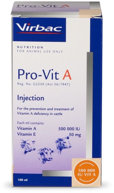 For the prevention and treatment of vitamin A deficiency in cattle. COMPOSITION: Vitamin A 500 000 IU, Vitamin E 50mg. COMPOSITION: Vitamin A 500 000 IU, Vitamin E 50mg. Dosage: 1 ml/250kg body mass.