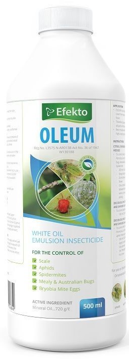 White oil emulsion insecticide for the control of pernicious scale, red scale, soft brown scale, circular purple and mussel scale, aphids, red spider mite, mealy bug, woolly aphid, Australian bug and bryobia mite eggs on deciduous fruit trees, citrus, ornamentals and shrubs as listed.