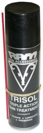 RAM Trisol Aerosol Spray, Triple Action Gun Treatment, contains solvents that will completely remove all traces of rust, gun powder, leading, and corrosion in seconds. Trisol liquid will also lubricate and protect your gun.