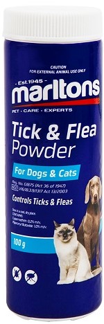 Powder for dogs & cats that controls ticks & fleas. Can also be used on the pets bedding.